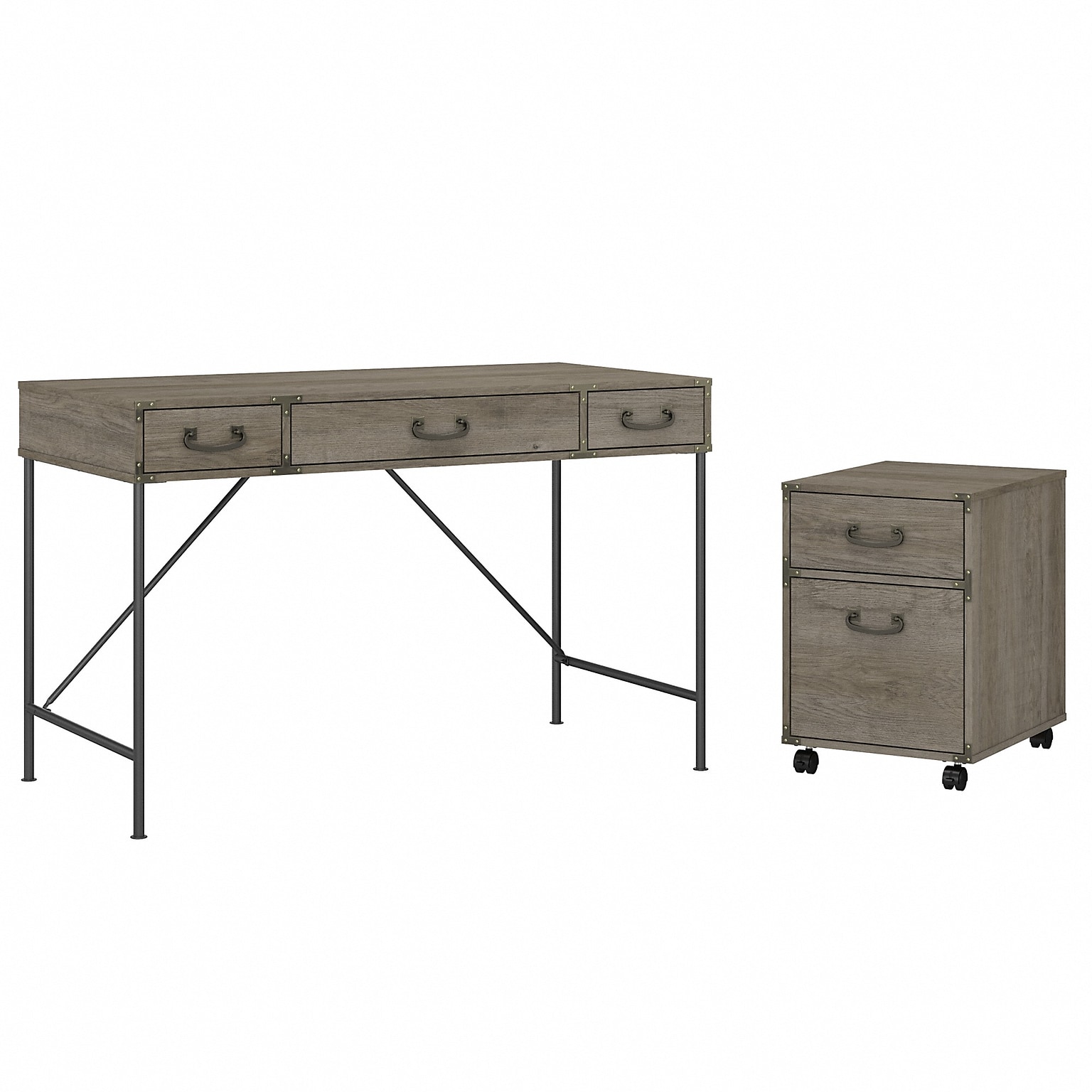kathy ireland® Home by Bush Furniture Ironworks 48 Writing Desk with Mobile File Cabinet, Restored Gray (IW001RTG)