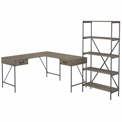kathy ireland® Home by Bush Furniture Ironworks 60W L-Shaped Writing Desk with Etagere Bookcase, Restored Gray (IW029RTG)
