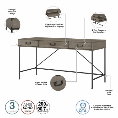 kathy ireland® Home by Bush Furniture Ironworks 60" Writing Desk with Drawers, Restored Gray (KI50305-03)