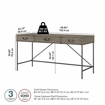 kathy ireland® Home by Bush Furniture Ironworks 60" Writing Desk with Drawers, Restored Gray (KI50305-03)