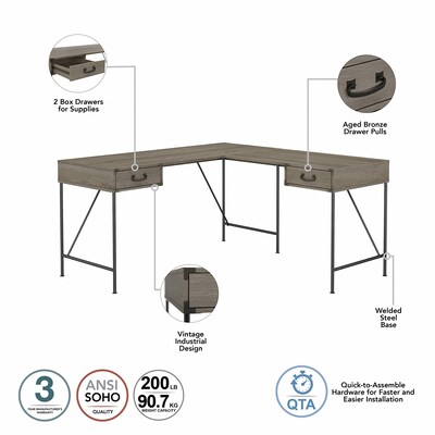 kathy ireland® Home by Bush Furniture Ironworks 60" L-Shaped Writing Desk, Restored Gray (KI50312-03)