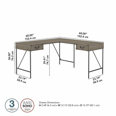 kathy ireland® Home by Bush Furniture Ironworks 60" L-Shaped Writing Desk, Restored Gray (KI50312-03)
