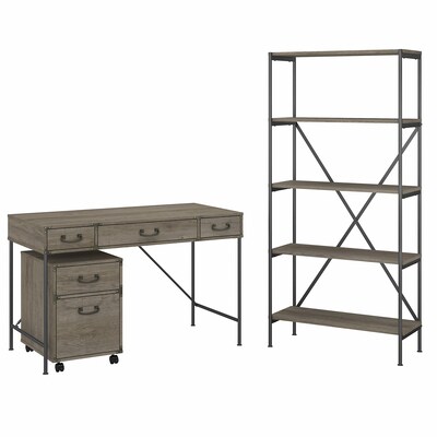 kathy ireland® Home by Bush Furniture Ironworks 48W Writing Desk with Cabinet and Bookcase, Restored Gray (IW010RTG)