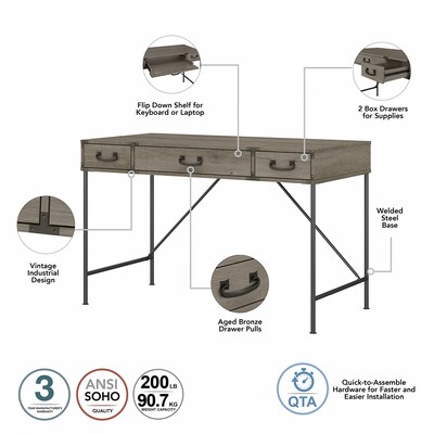kathy ireland® Home by Bush Furniture Ironworks 48" Writing Desk with Drawers, Restored Gray (KI50301-03)