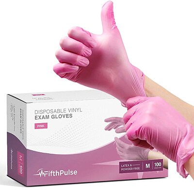 Fifth Pulse Powder Free Vinyl Exam Gloves, Latex Free, Medium, Pink, 100/Box (FMN100042)