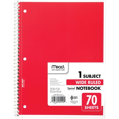 Mead 1-Subject Notebooks, 8" x 10.5", Wide Ruled, 70 Sheets, Each (05510)