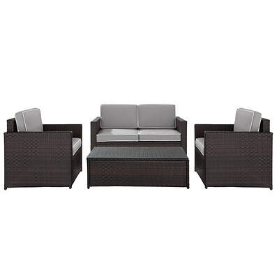 Palm Harbor 4 Piece Outdoor Wicker Seating Set With Grey Cushions - Loveseat, Two Chairs & Glass Top Table