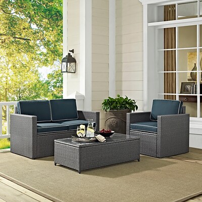 Palm Harbor 3 Piece Outdoor Wicker Seating Set In Grey Wicker With Navy Cushions: Loveseat, Coffee Table, And 1 Arm Chair