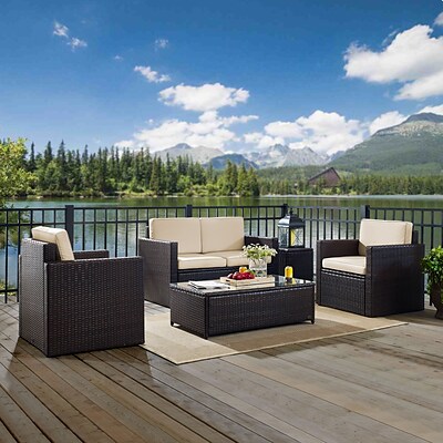 PALM HARBOR 5-PIECE OUTDOOR WICKER CONVERSATION SET WITH SAND CUSHIONS - LOVESEAT, TWO ARM CHAIRS, SIDE TABLE & GLASS TOP TABLE