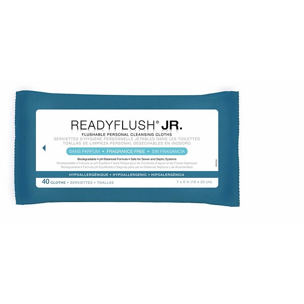 ReadyFlush® JR Flushable Wet Wipes, 7 x 8, Fragrance-free, Soft Pack Container, 40 Wipes/Package, 24 Packages/Pack