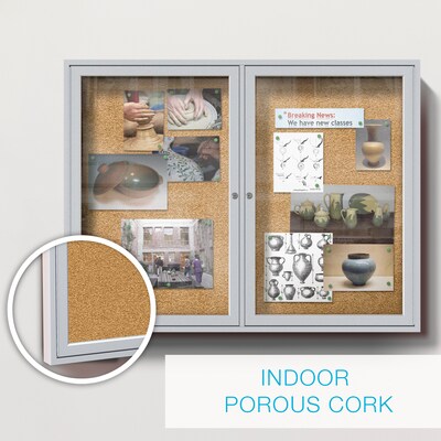 Ghent 4' H x 5' W Enclosed Natural Cork Bulletin Board with Satin Frame, 2 Door (PA24860K)