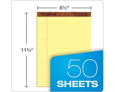 TOPS Legal Pad Notepad, 8.5" x 11.75", Wide Ruled, Canary, 50 Sheets/Pad, Dozen (7532)