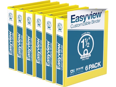 Davis Group Easyview Premium 1 1/2 3-Ring View Binders, Yellow, 6/Pack (8412-05-06)