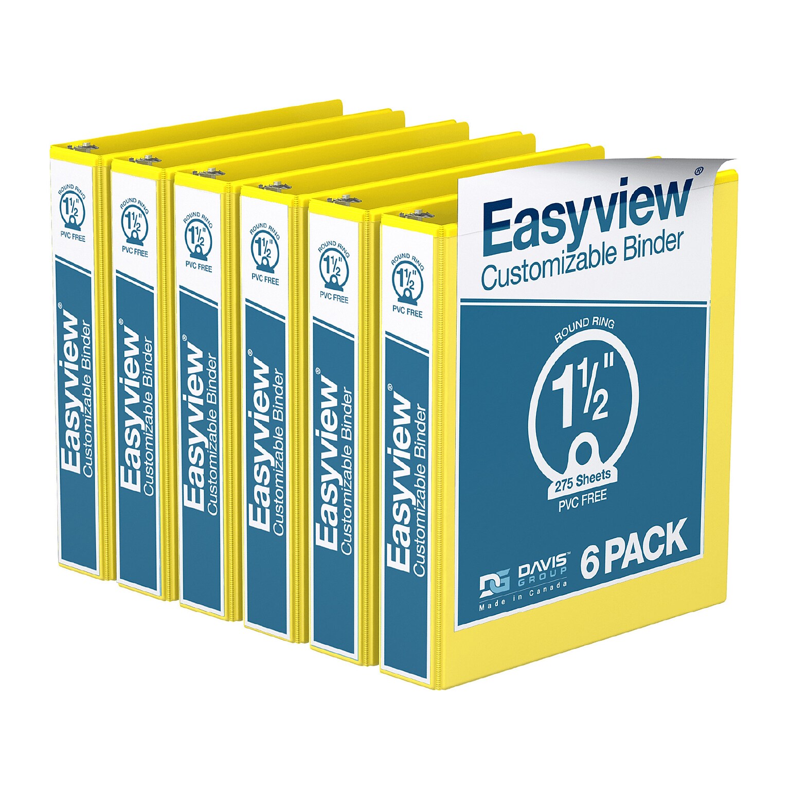 Davis Group Easyview Premium 1 1/2 3-Ring View Binders, Yellow, 6/Pack (8412-05-06)