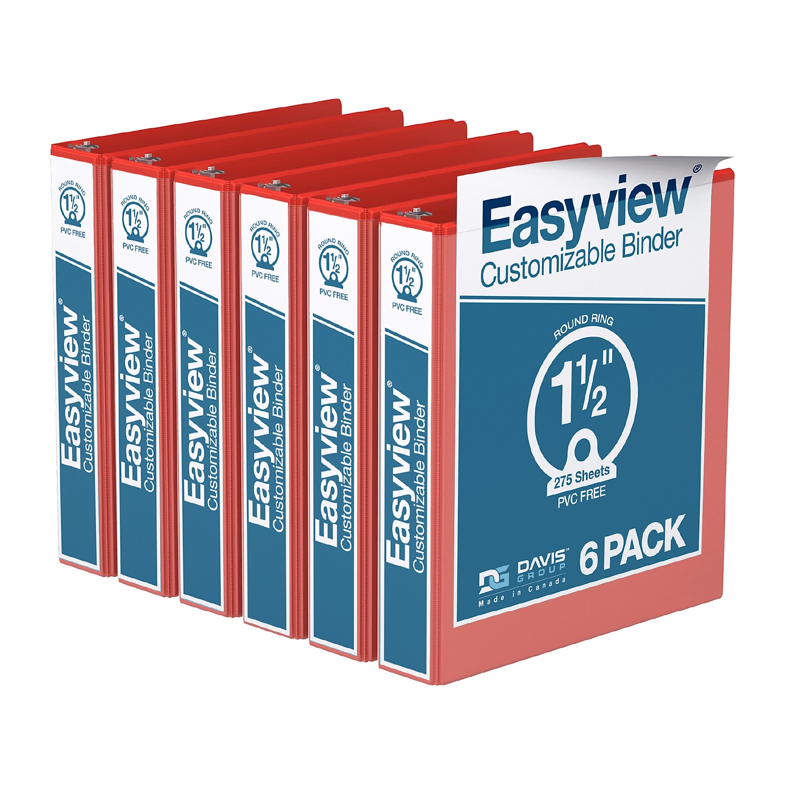 Davis Group Easyview Premium 1 1/2 3-Ring View Binders, Red, 6/Pack (8412-03-06)