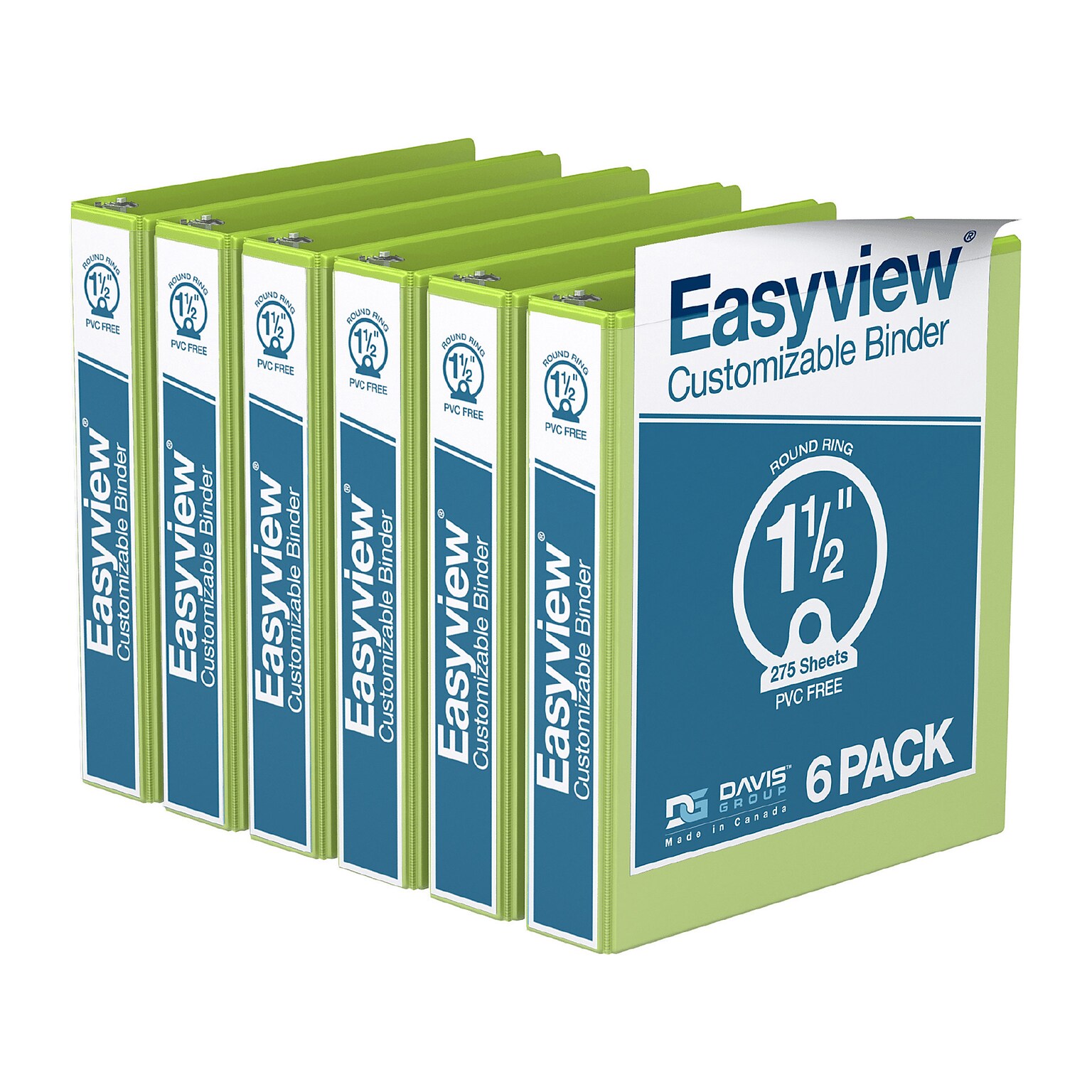 Davis Group Easyview Premium 1 1/2 3-Ring View Binders, Lime Green, 6/Pack (8412-24-06)