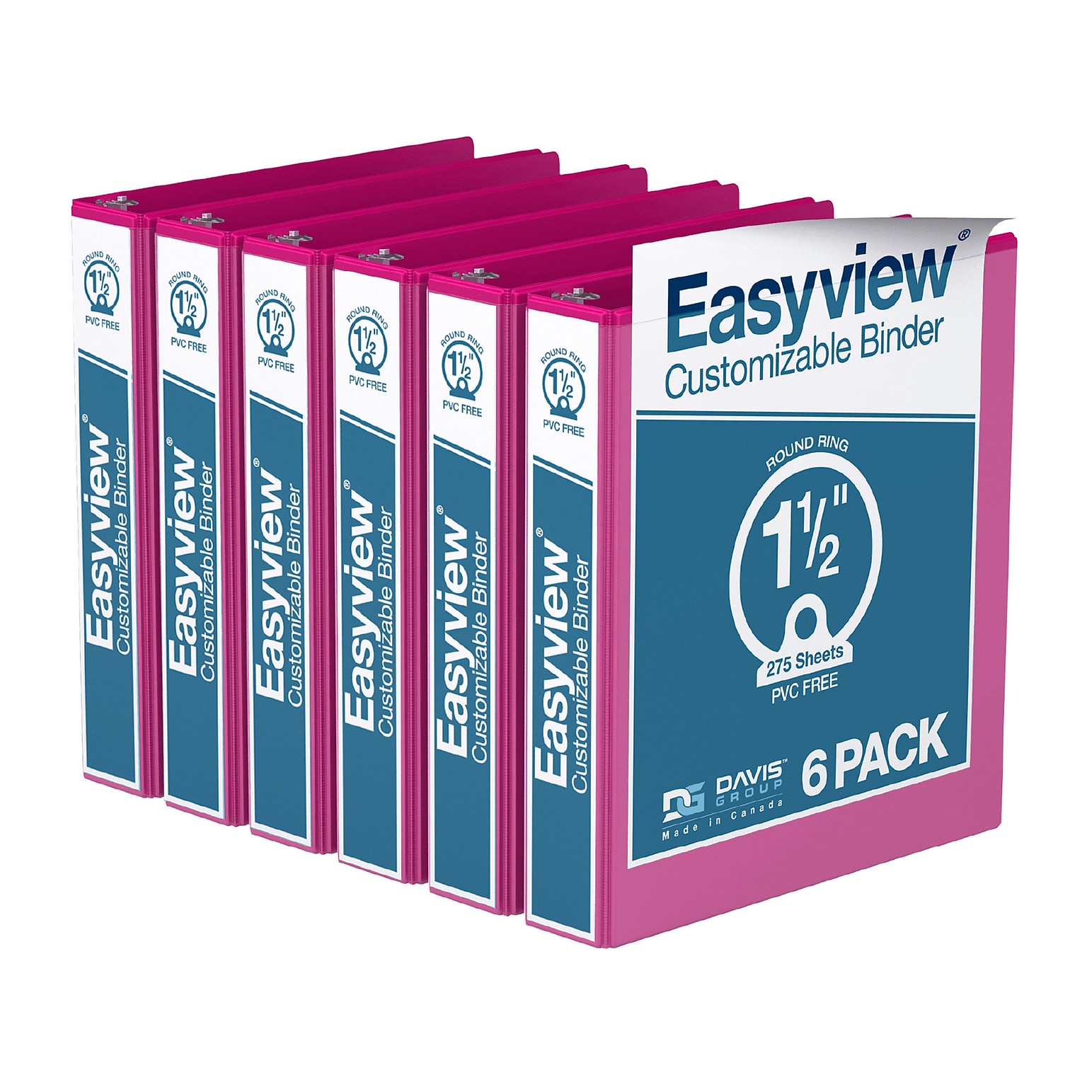 Davis Group Easyview Premium 1 1/2 3-Ring View Binders, Pink, 6/Pack (8412-43-06)