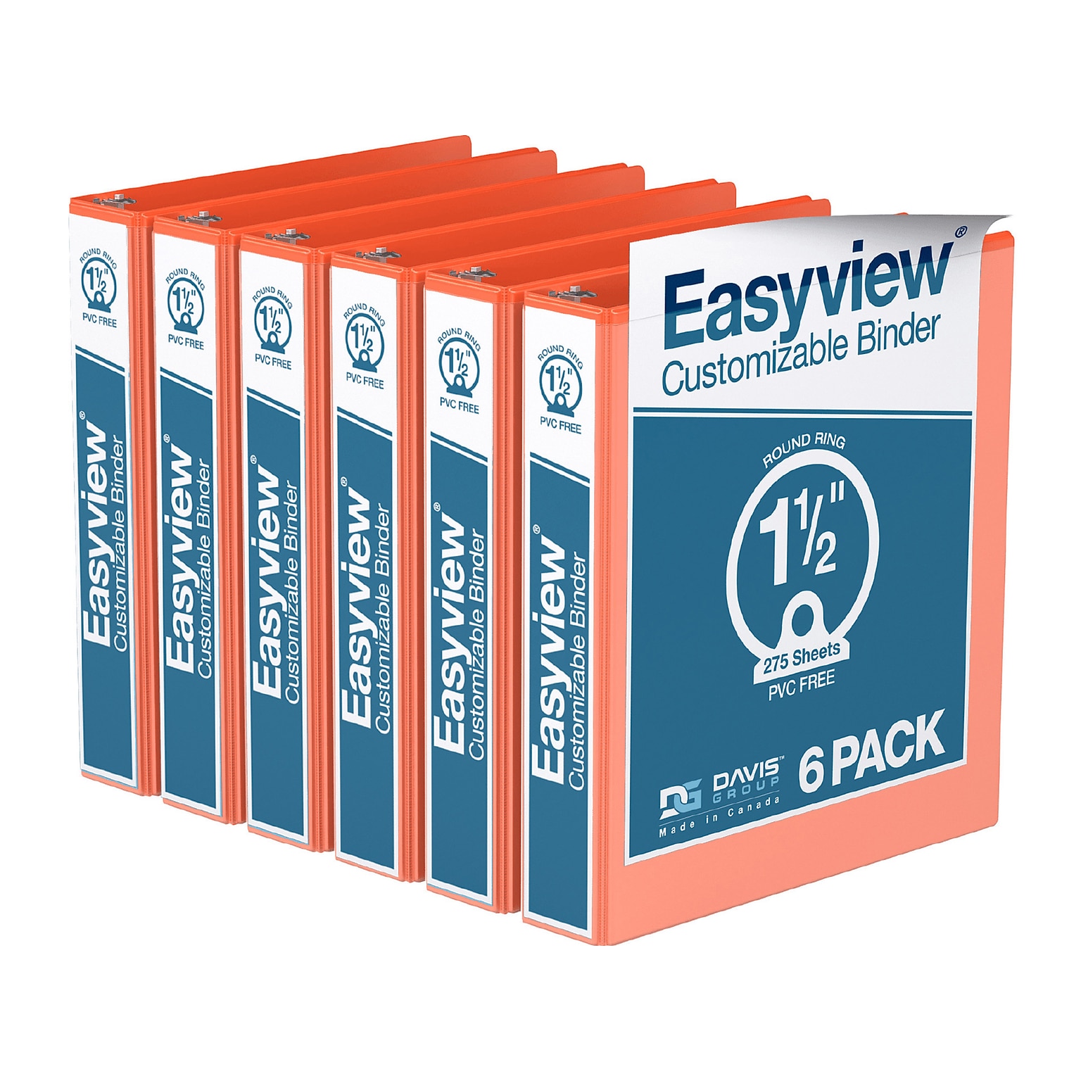 Davis Group Easyview Premium 1 1/2 3-Ring View Binders, Orange, 6/Pack (8412-19-06)