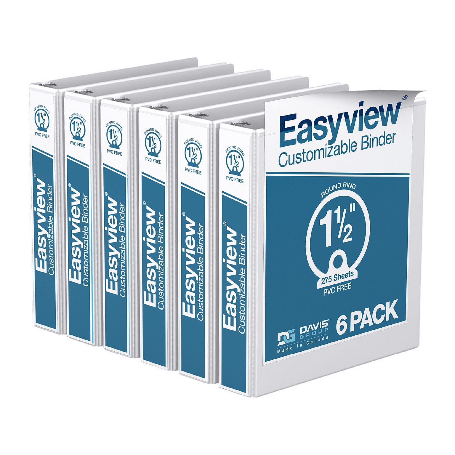 Davis Group Easyview Premium 1 1/2 3-Ring View Binders, White, 6/Pack (8412-00-06)