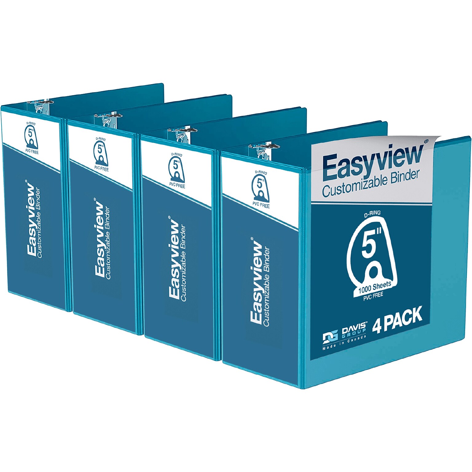 Davis Group Easyview Premium 5 3-Ring View Binders, D-Ring, Turquoise Blue, 4/Pack (8407-52-04)