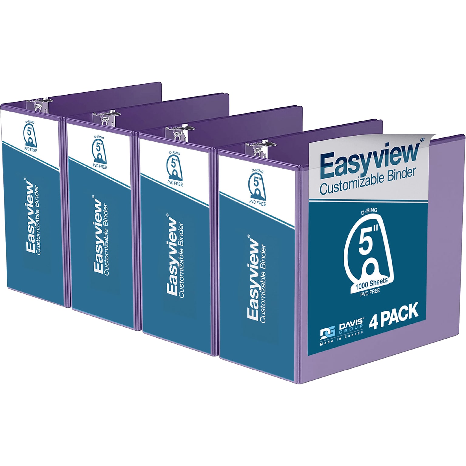 Davis Group Easyview Premium 5 3-Ring View Binders, D-Ring, Purple, 4/Pack (8407-69-04)