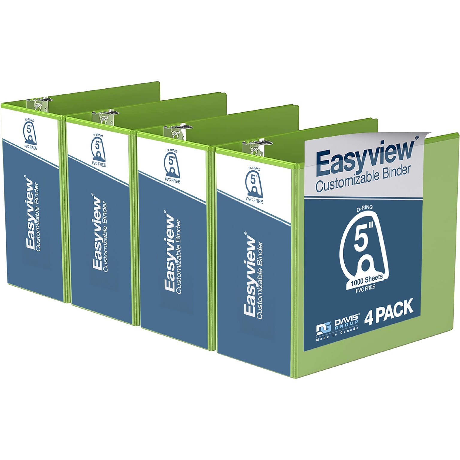 Davis Group Easyview Premium 5 3-Ring View Binders, D-Ring, Lime Green, 4/Pack (8407-24-04)