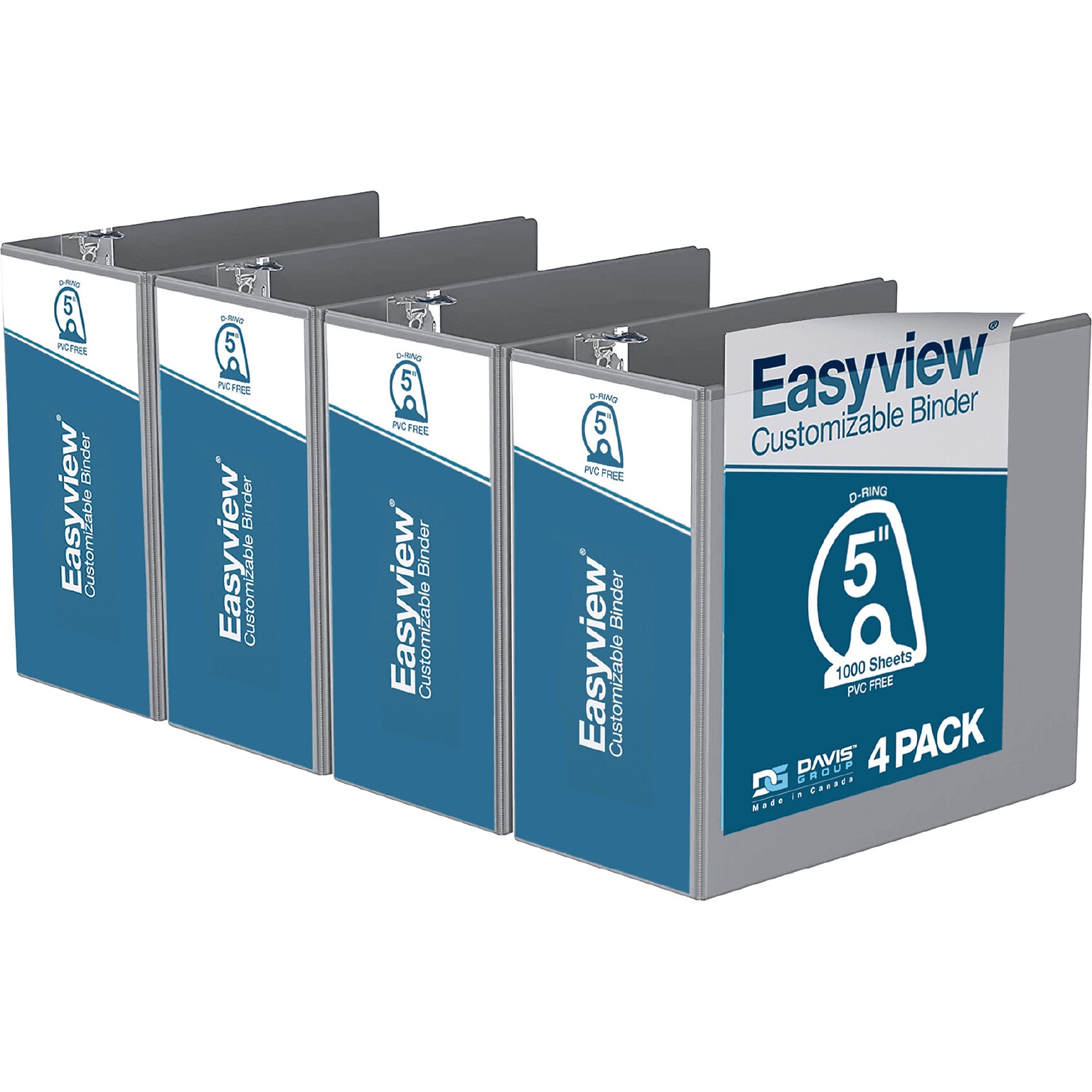 Davis Group Easyview Premium 5 3-Ring View Binders, D-Ring, Gray, 4/Pack (8407-07-04)