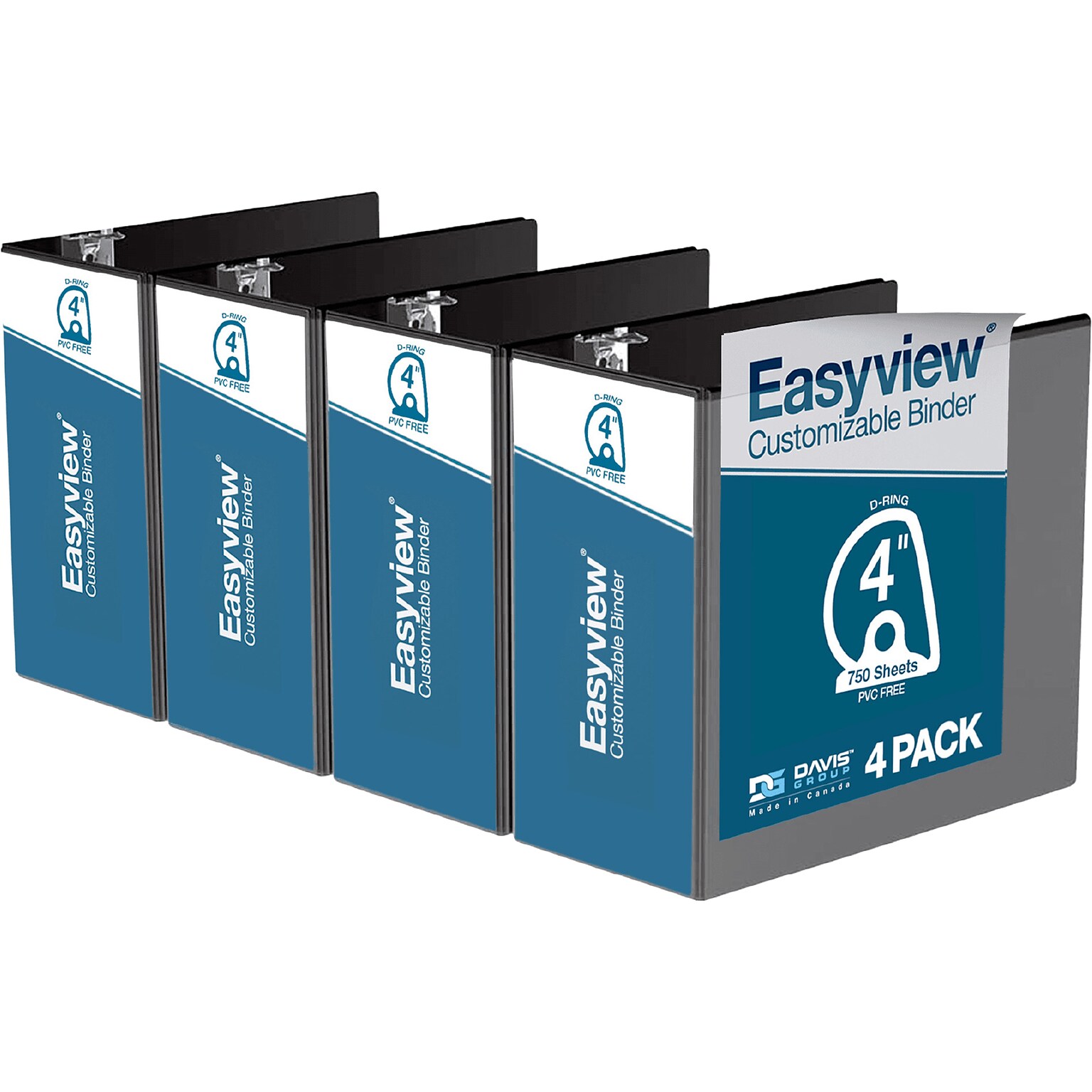 Davis Group Easyview Premium 4 3-Ring View Binders, D-Ring, Black, 4/Pack (8406-01-04)