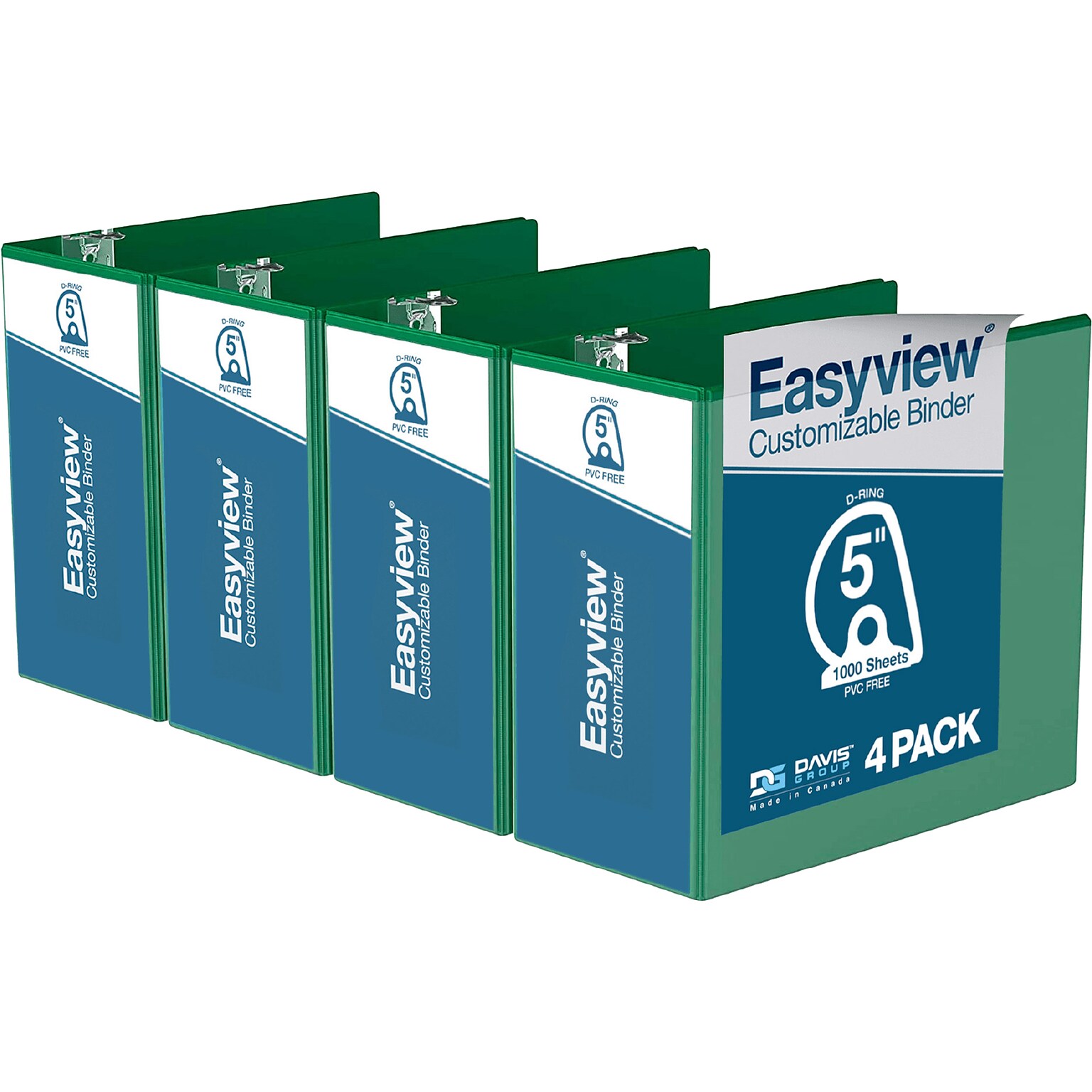 Davis Group Easyview Premium 5 3-Ring View Binders, D-Ring, Green, 4/Pack (8407-04-04)