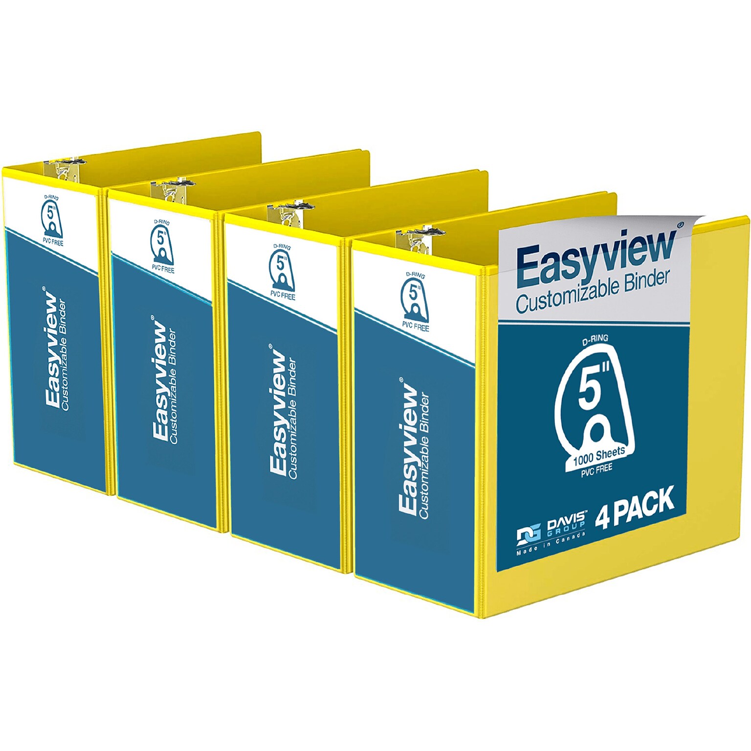 Davis Group Easyview Premium 5 3-Ring View Binders, D-Ring, Yellow, 4/Pack (8407-05-04)