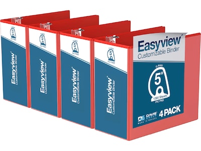 Davis Group Easyview Premium 5 3-Ring View Binders, D-Ring, Red, 4/Pack (8407-03-04)