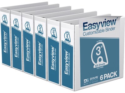 Davis Group Easyview Premium 3 3-Ring View Binders, D-Ring, White, 6/Pack (8405-00-06)