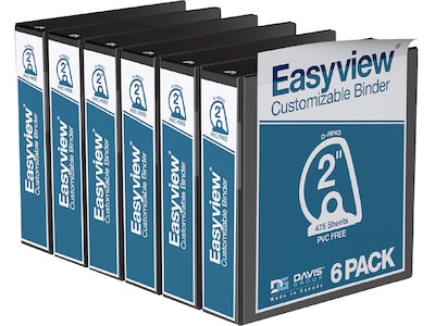 Davis Group Easyview Premium 2 3-Ring View Binders, D-Ring, Black, 6/Pack (8403-01-06)