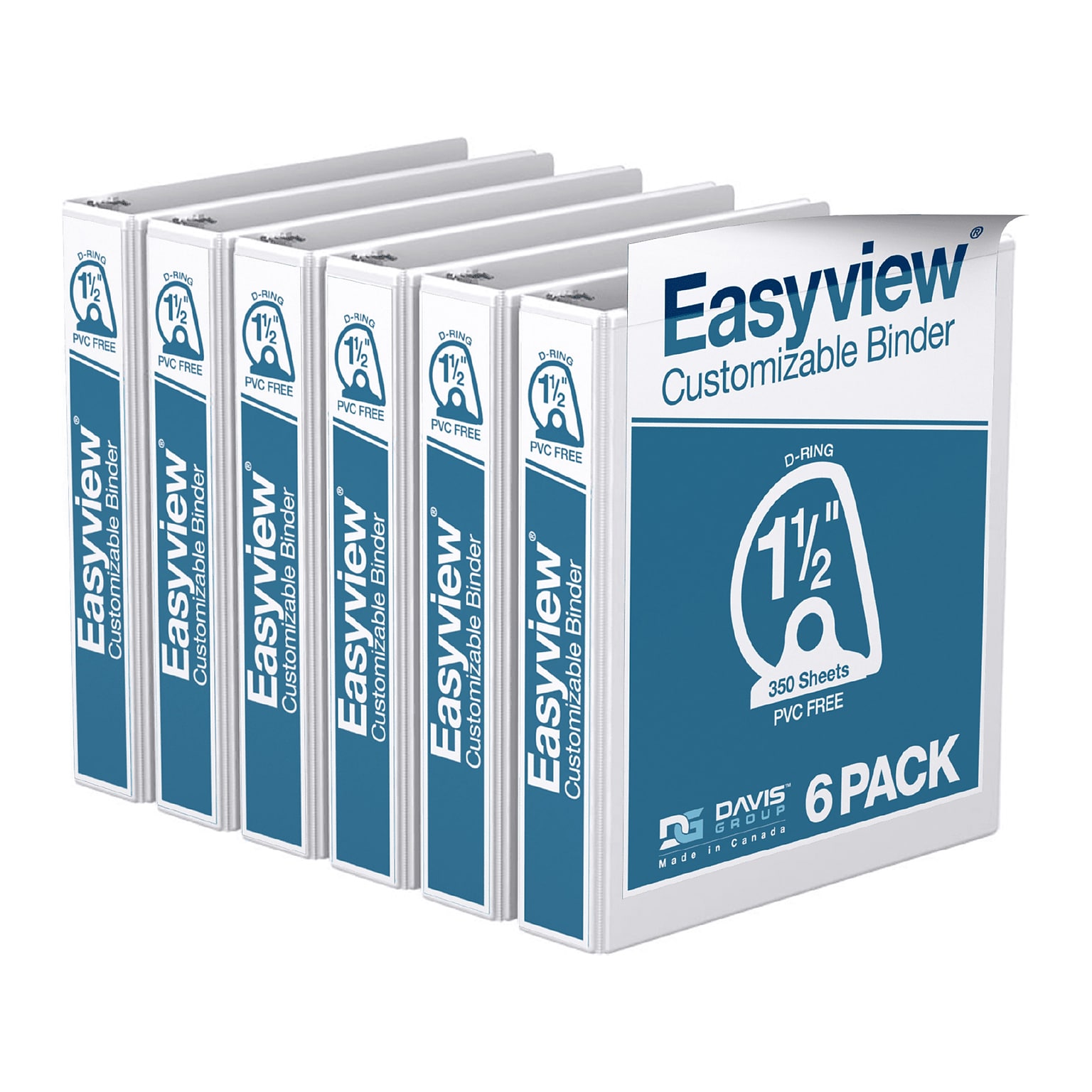 Davis Group Easyview Premium 1 1/2 3-Ring View Binders, D-Ring, White, 6/Pack (8402-00-06)