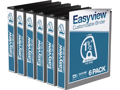 Davis Group Easyview Premium 1 1/2 3-Ring View Binders, D-Ring, Black, 6/Pack (8402-01-06)