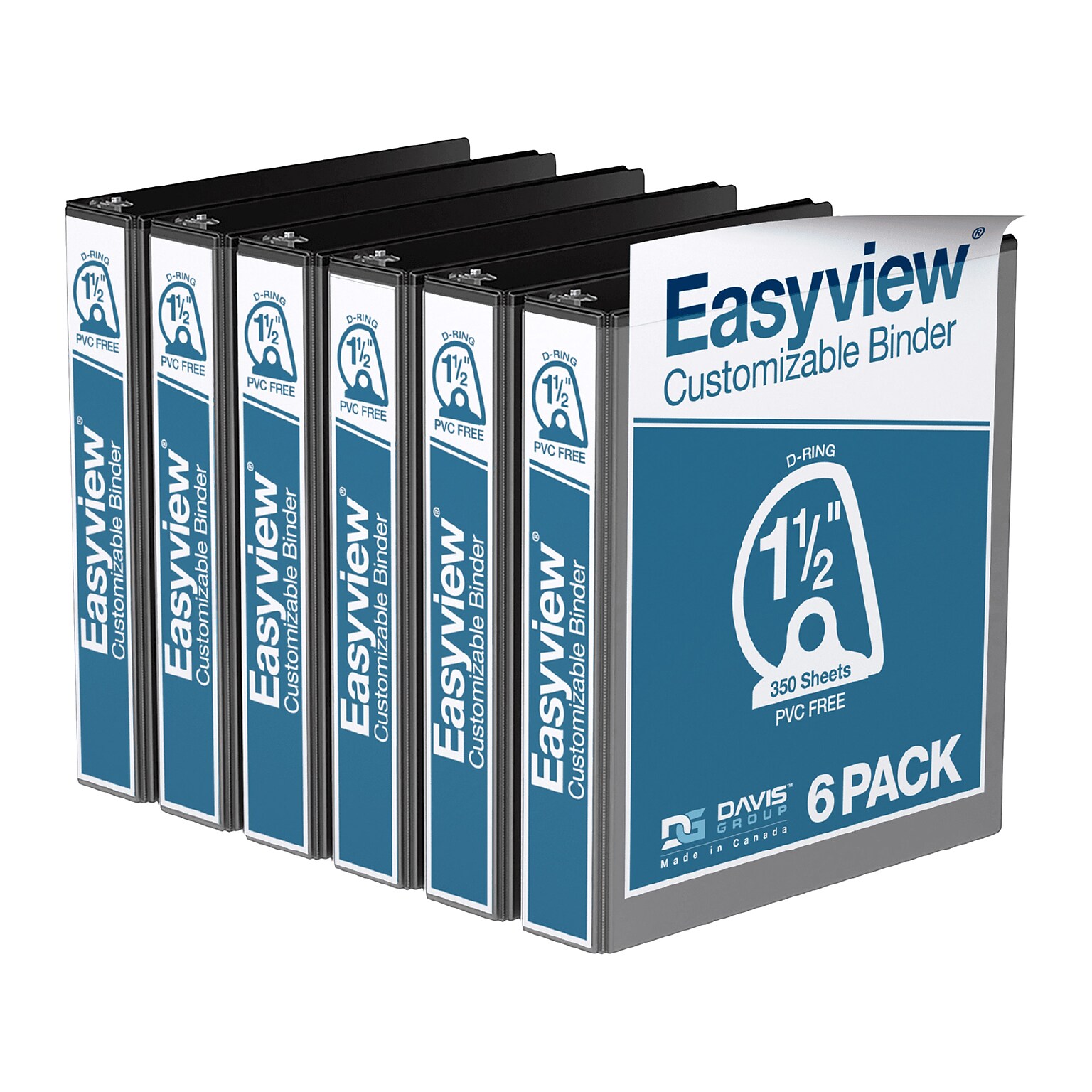 Davis Group Easyview Premium 1 1/2 3-Ring View Binders, D-Ring, Black, 6/Pack (8402-01-06)