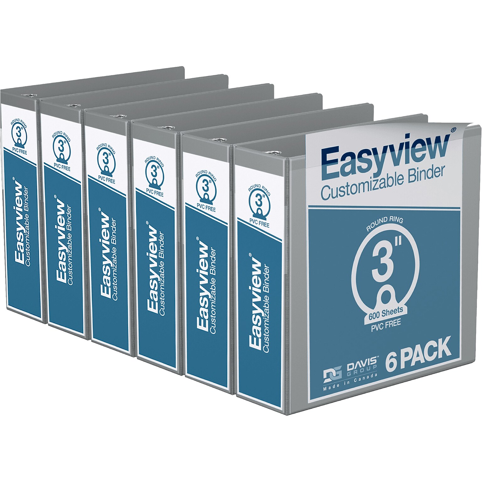 Davis Group Easyview Premium 3 3-Ring View Binders, Gray, 6/Pack (8414-07-06)