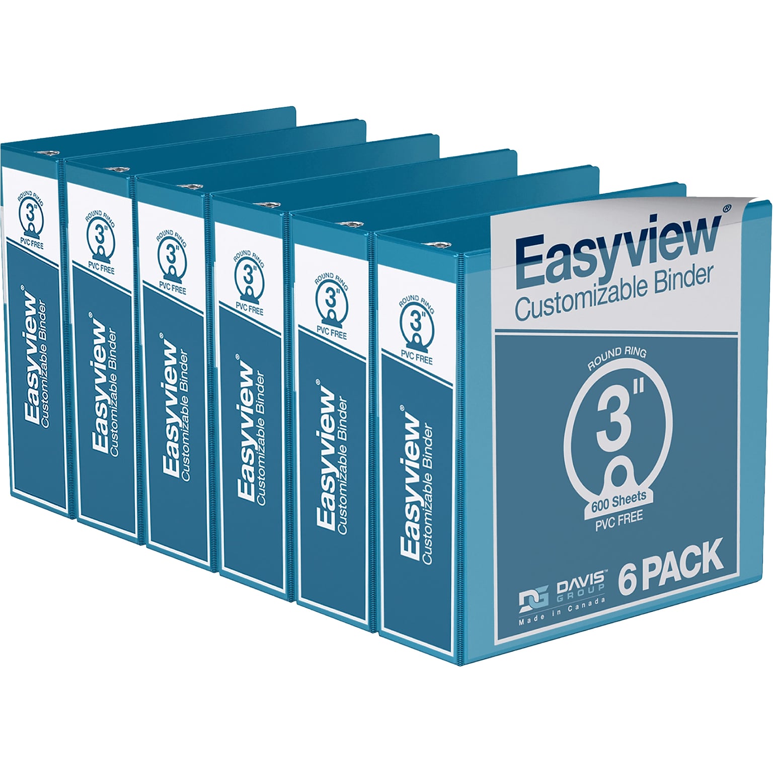 Davis Group Easyview Premium 3 3-Ring View Binders, Turquoise Blue, 6/Pack (8414-52-06)
