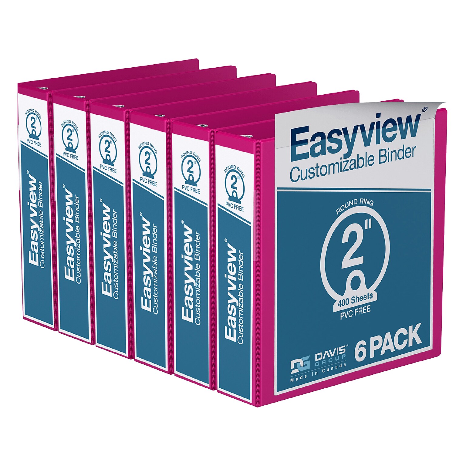 Davis Group Easyview Premium 2 3-Ring View Binders, Pink, 6/Pack (8413-43-06)