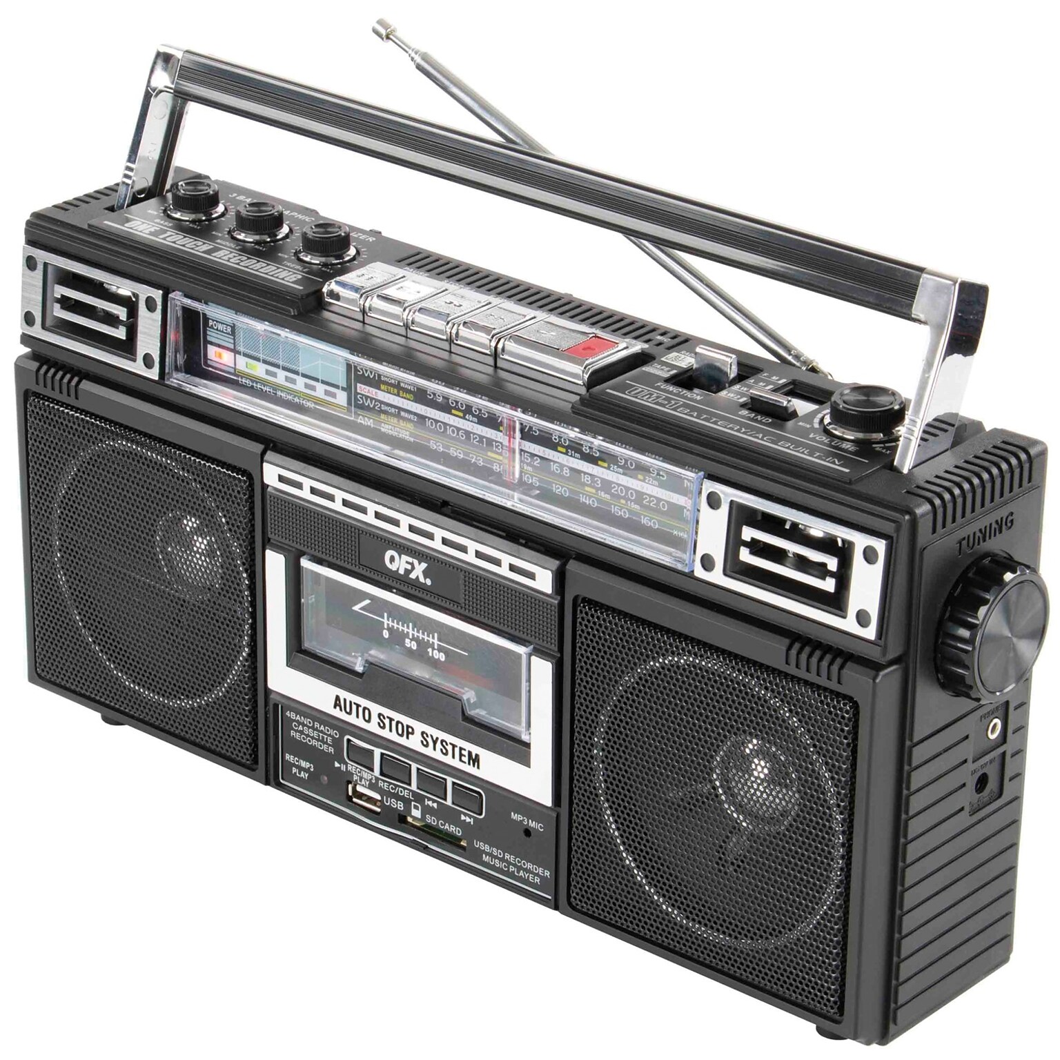 QFX Retro-Style Wireless Bluetooth Portable Cassette Player Boombox, Black (QFXJ220BT)