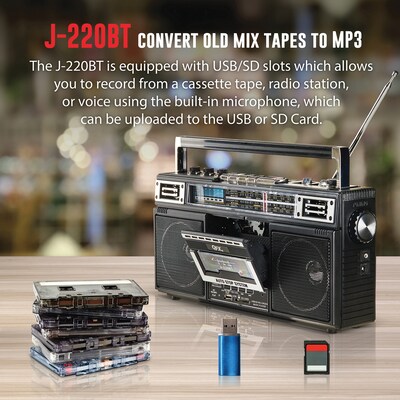 QFX Retro-Style Wireless Bluetooth Portable Cassette Player Boombox, Black (QFXJ220BT)