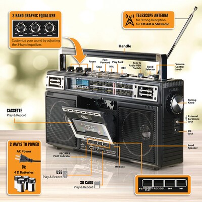 QFX Retro-Style Wireless Bluetooth Portable Cassette Player Boombox, Black (QFXJ220BT)