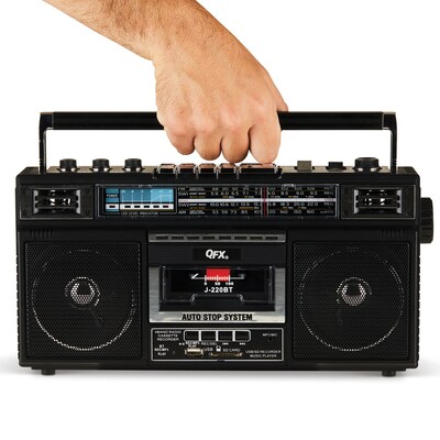 QFX Retro-Style Wireless Bluetooth Portable Cassette Player Boombox, Black (QFXJ220BT)