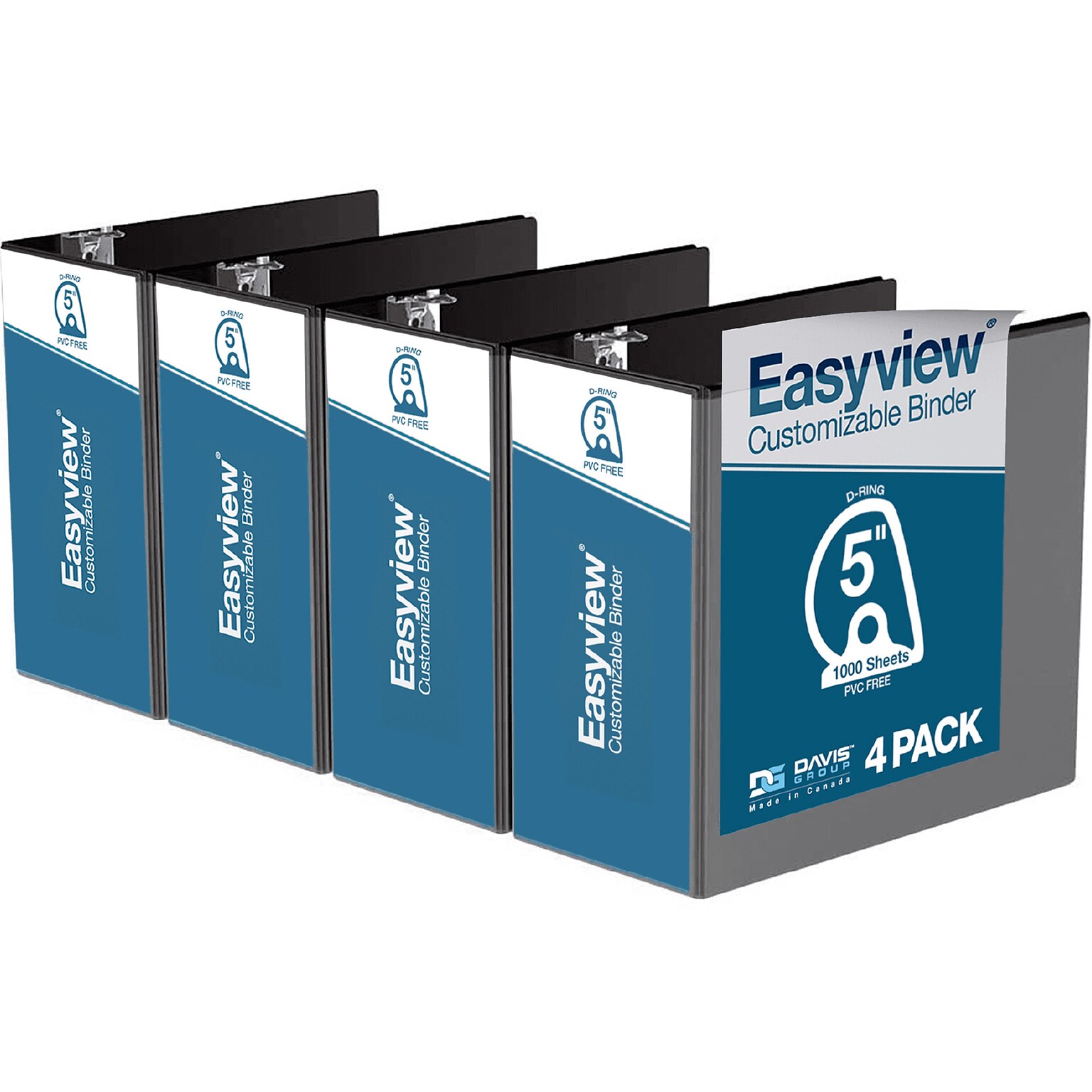 Davis Group Easyview Premium 5 3-Ring View Binders, D-Ring, Black, 4/Pack (8407-01-04)