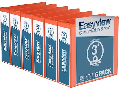 Davis Group Easyview Premium 3 3-Ring View Binders, Orange, 6/Pack (8414-19-06)