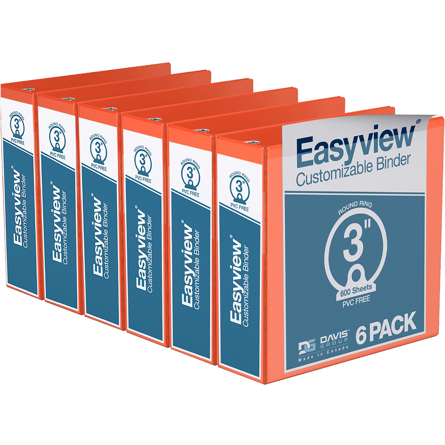 Davis Group Easyview Premium 3 3-Ring View Binders, Orange, 6/Pack (8414-19-06)