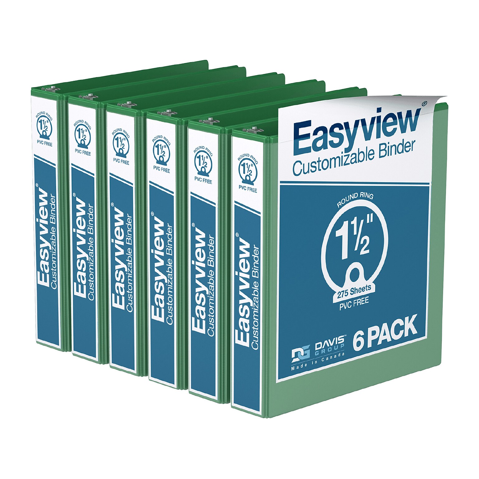 Davis Group Easyview Premium 1 1/2 3-Ring View Binders, Green, 6/Pack (8412-04-06)