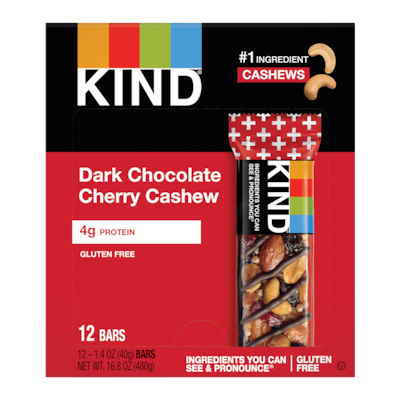 KIND PLUS Gluten Free Dark Chocolate Cherry Cashew Nut Bar, 12 Bars/Box (PHW17250)