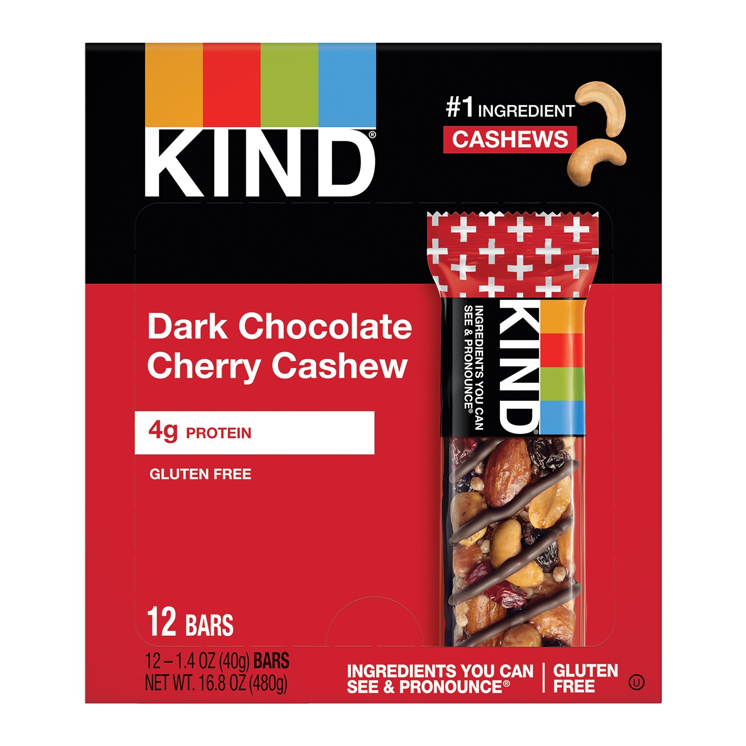 KIND PLUS Gluten Free Dark Chocolate Cherry Cashew Nut Bar, 12 Bars/Box (PHW17250)