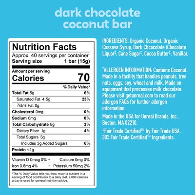 UNREAL Gluten Free Dark Chocolate Coconut Nut Bar, .53 oz., 40 Bars/Box (220-02087)